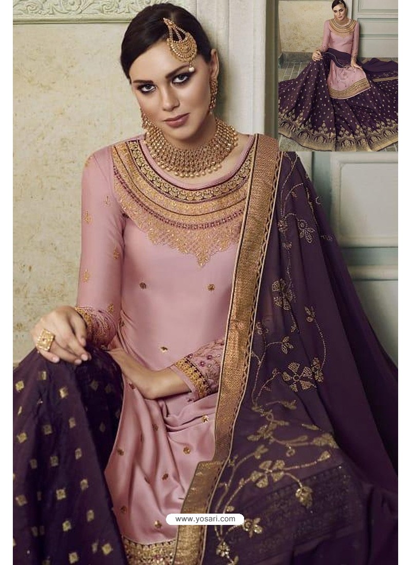 Pink And Wine Modal Satin Silk Designer Party Wear Suit