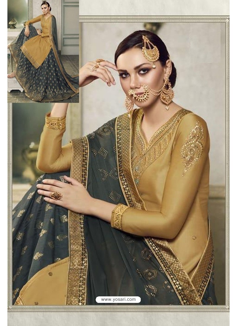 Yellow And Carbon Modal Satin Silk Designer Party Wear Suit