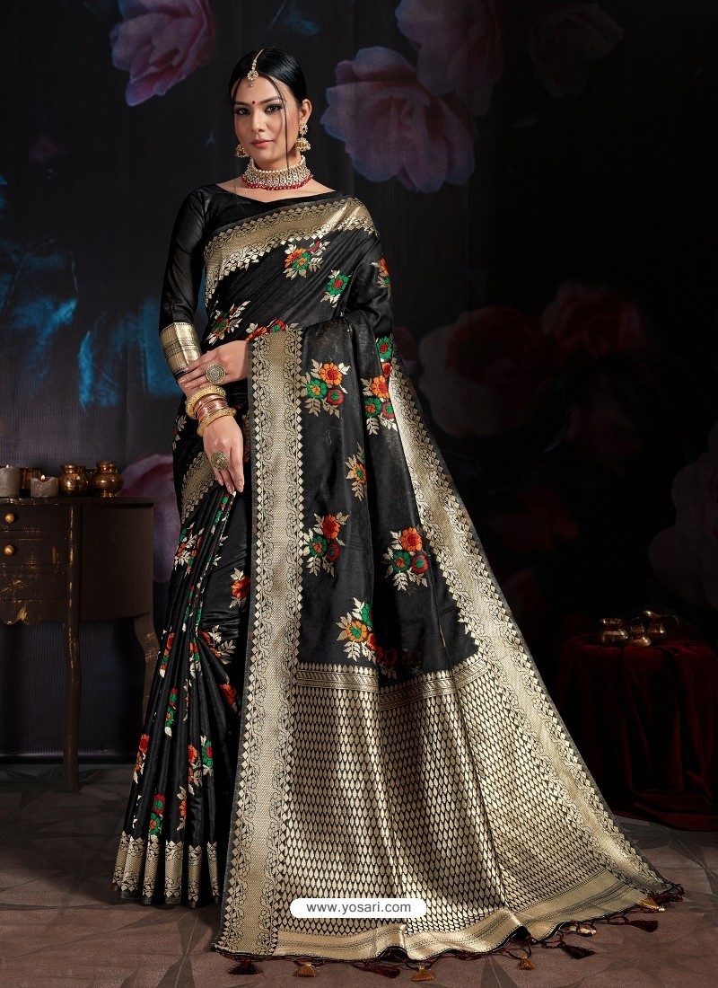 Amazing Black Banarasi Cotton Silk Designer Saree