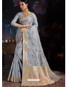 Aqua Grey Banarasi Cotton Silk Designer Saree