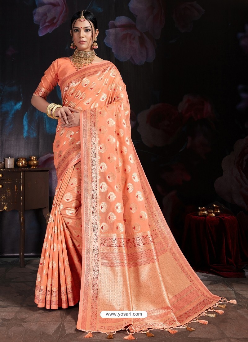 Light Orange Banarasi Cotton Silk Designer Saree