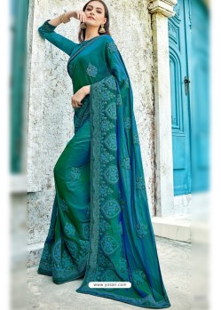 Teal Georgette Embroidered Party Wear Saree
