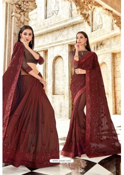 Deep Scarlet Georgette Embroidered Party Wear Saree
