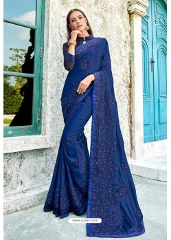 Navy Blue Georgette Embroidered Party Wear Saree