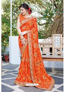 Orange Georgette Zari Embroidered Designer Saree
