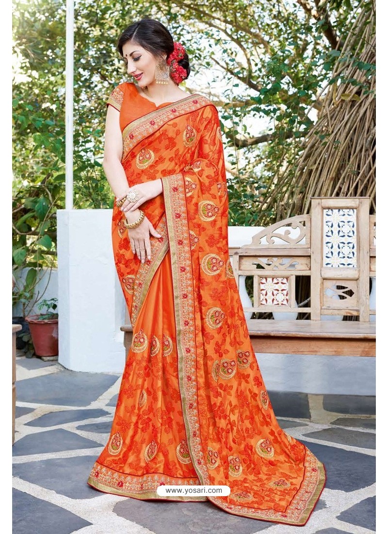Orange Georgette Zari Embroidered Designer Saree