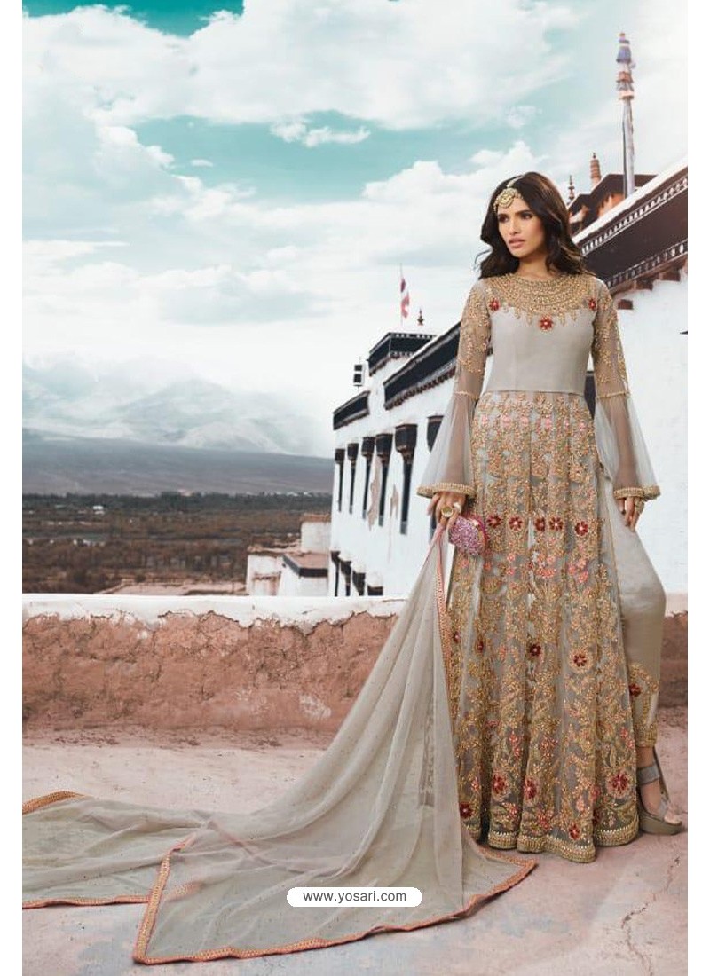 Light Grey Net Embroidered Party Wear Anarkali Suit