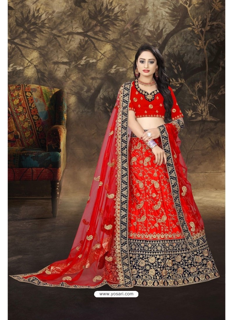 Magical Red Satin Resham Embroidered Bridal Lehenga Choli
