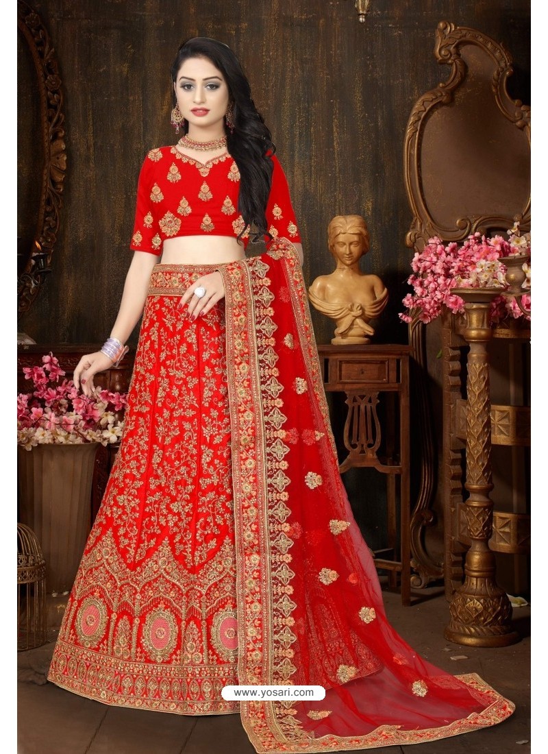 Latest Red Satin Resham Embroidered Bridal Lehenga Choli