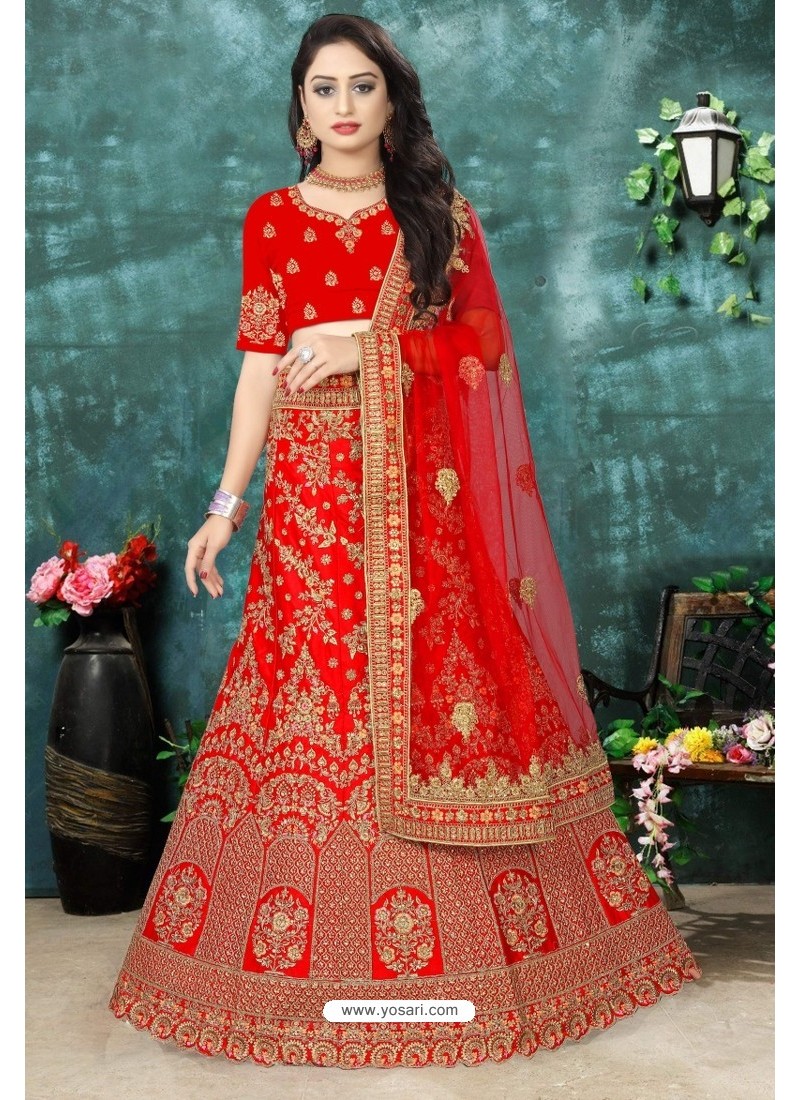 Splendid Red Satin Resham Embroidered Bridal Lehenga Choli