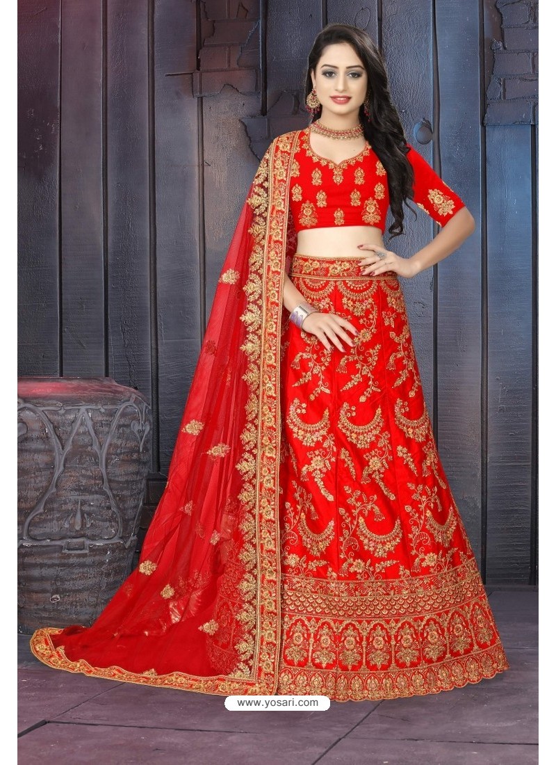 Glorious Red Satin Resham Embroidered Bridal Lehenga Choli