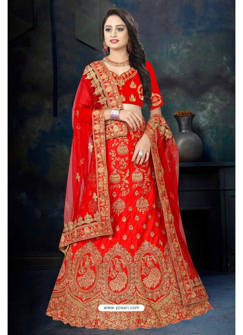 Dazzling Red Satin Resham Embroidered Bridal Lehenga Choli