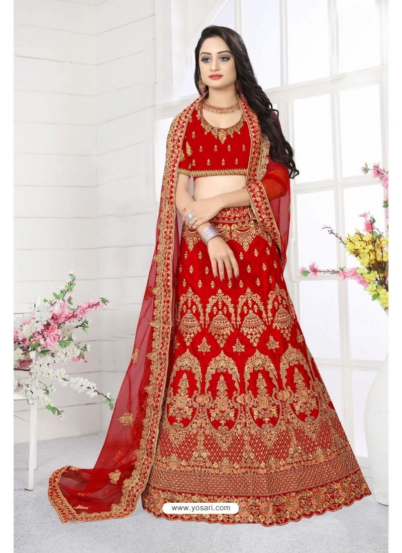 Modern Red Satin Resham Embroidered Bridal Lehenga Choli