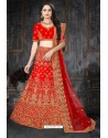 Decent Red Satin Resham Embroidered Bridal Lehenga Choli