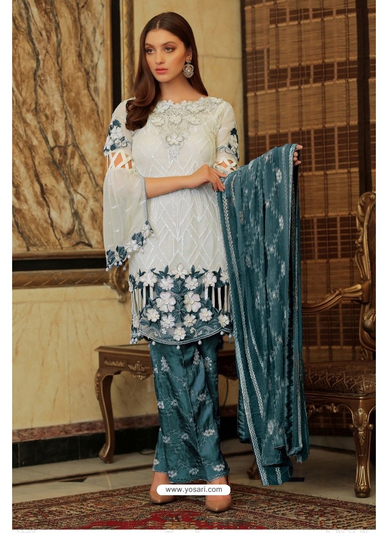 White And Teal Faux Georgette Embroidered Palazzo Suit