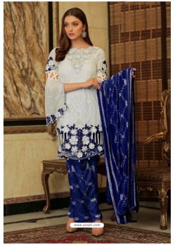 White And Royal Blue Faux Georgette Embroidered Palazzo Suit