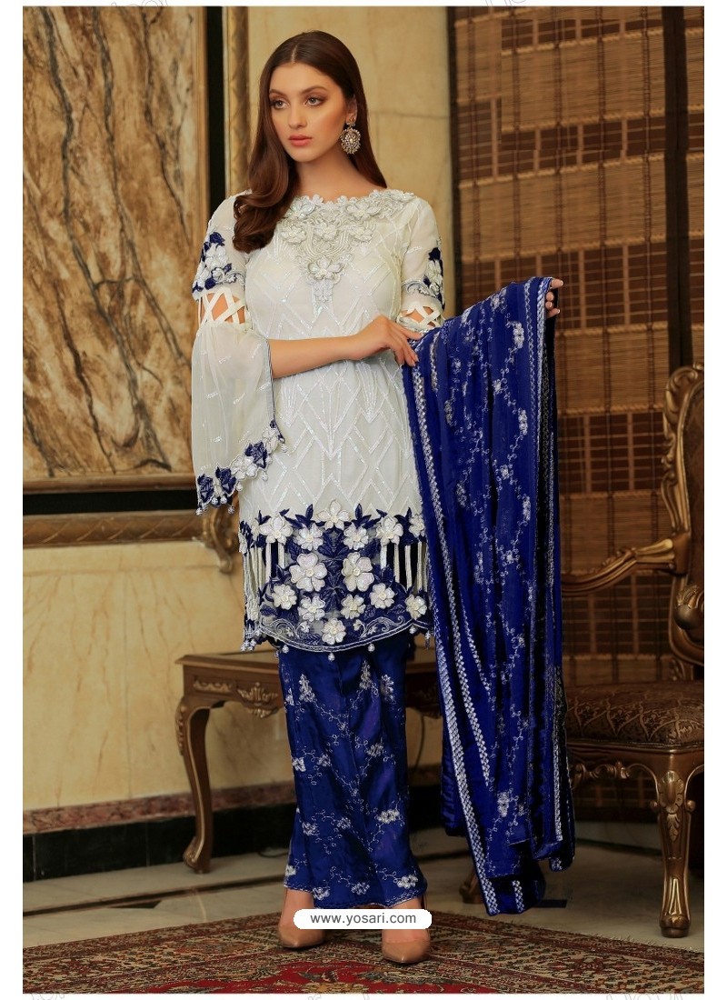 White And Royal Blue Faux Georgette Embroidered Palazzo Suit