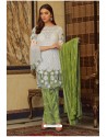 White And Green Faux Georgette Embroidered Palazzo Suit