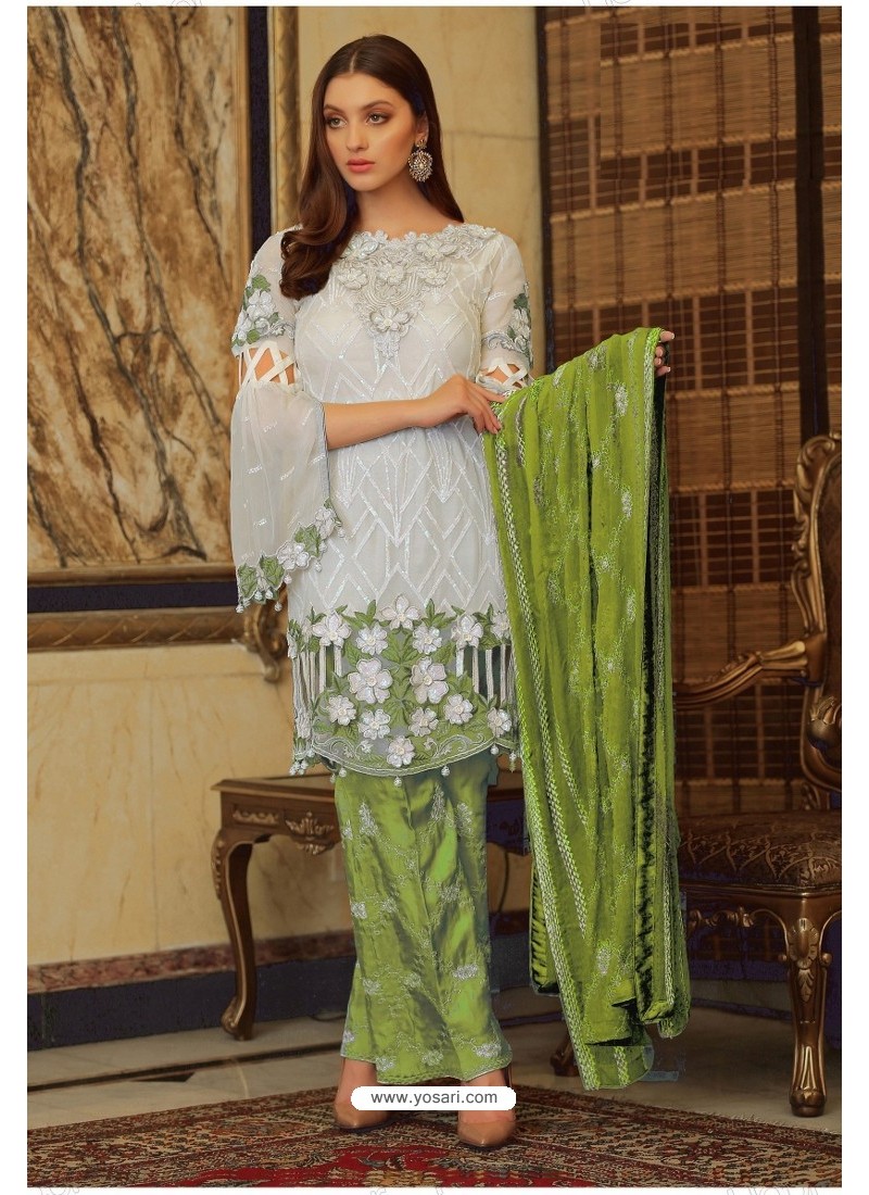 White And Green Faux Georgette Embroidered Palazzo Suit