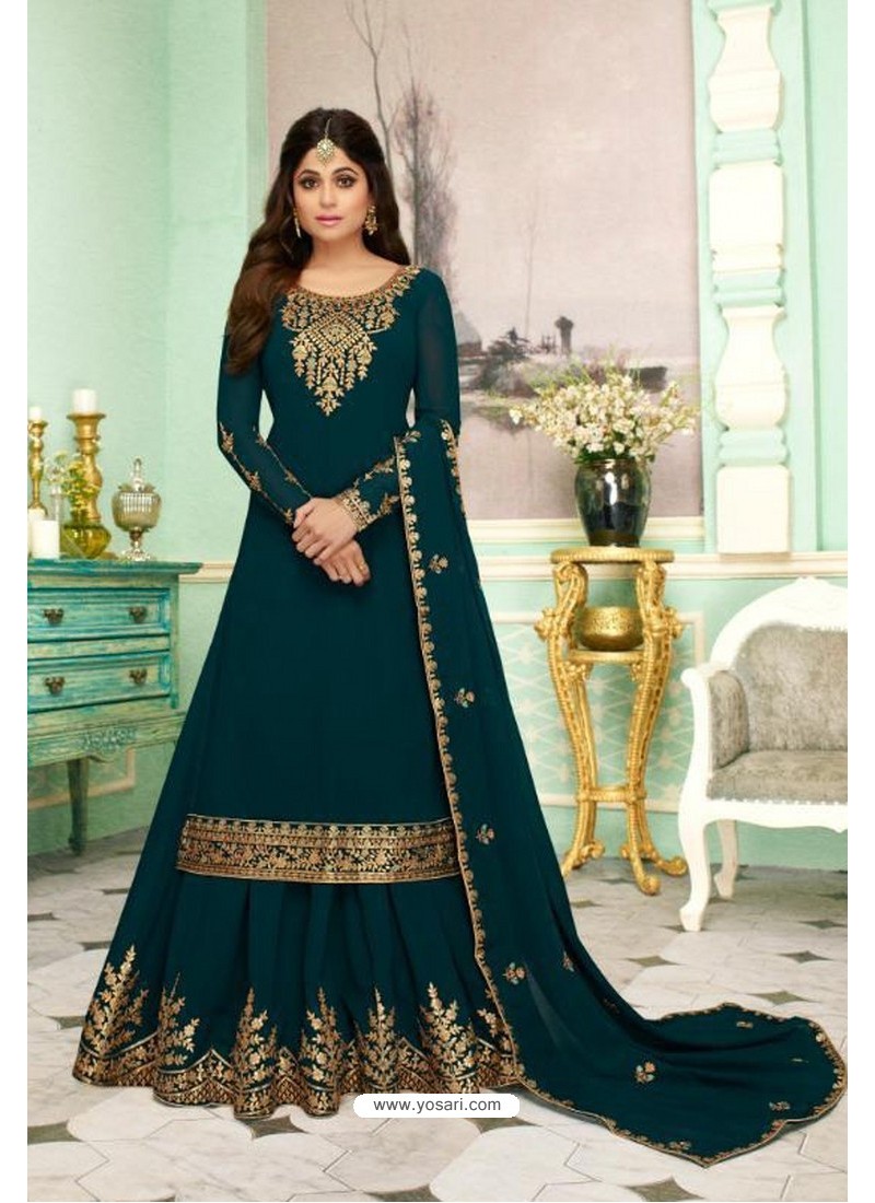 Teal Blue Georgette Embroidered Party Wear Suit