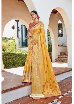 Yellow Cotton Jacquard Designer Saree