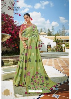 Parrot Green Cotton Jacquard Designer Saree