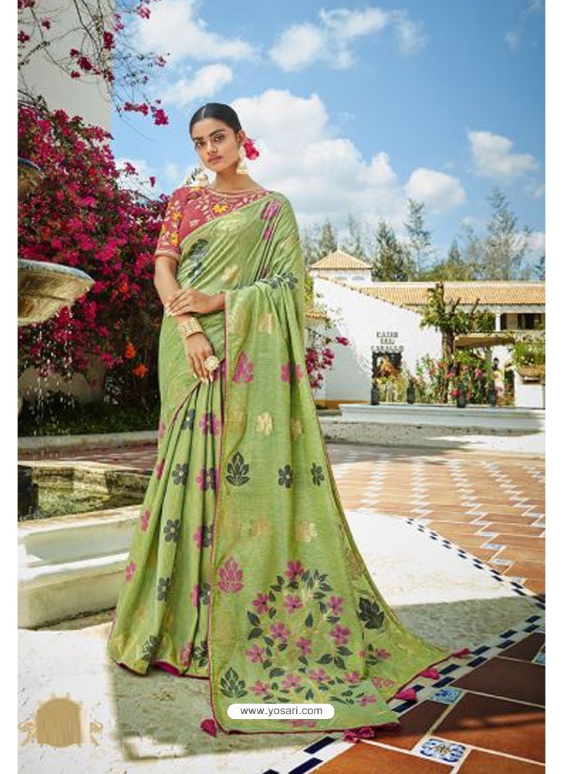 Parrot Green Cotton Jacquard Designer Saree