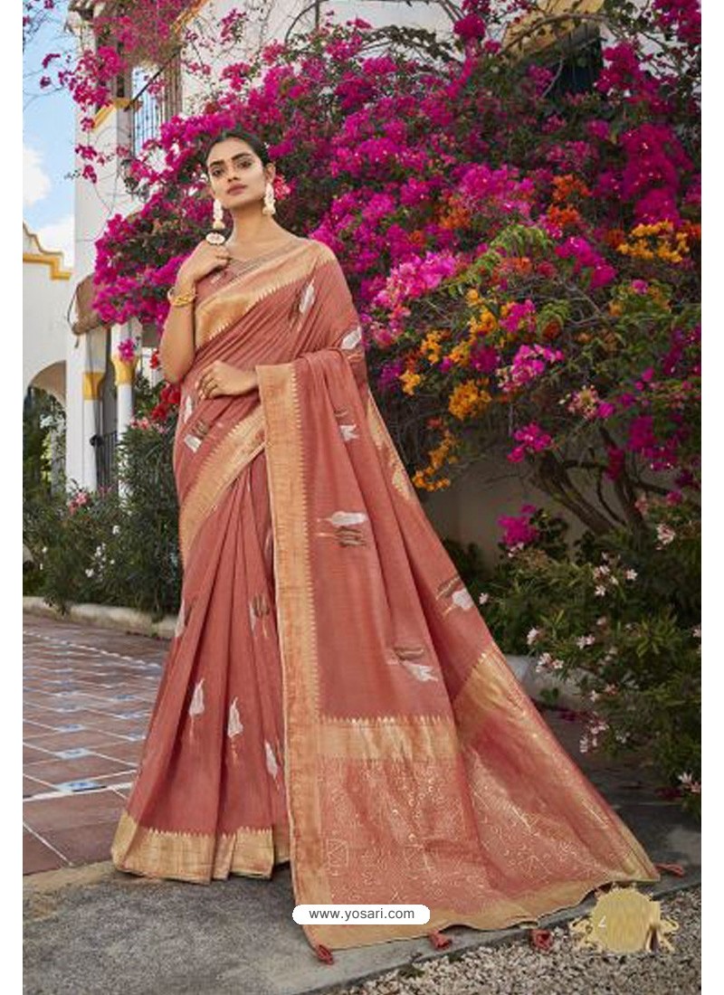 Beautiful Light Orange Cotton Jacquard Designer Saree