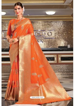 Orange Banarasi Silk Jacquard Work Saree