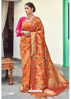 Orange Silk Zari Worked Designer Saree