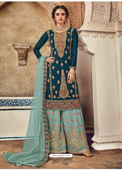 Teal Blue And Sky Bluming Georgette Embroidered Palazzo Suit