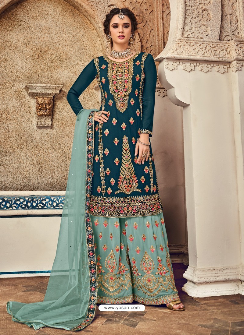 Teal Blue And Sky Bluming Georgette Embroidered Palazzo Suit