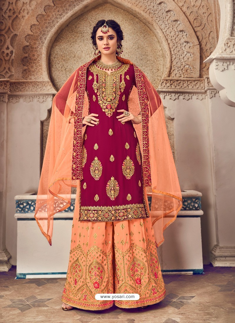 Red And Orange Bluming Georgette Embroidered Palazzo Suit