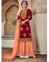 Pretty Red And Orange Bluming Georgette Embroidered Palazzo Suit