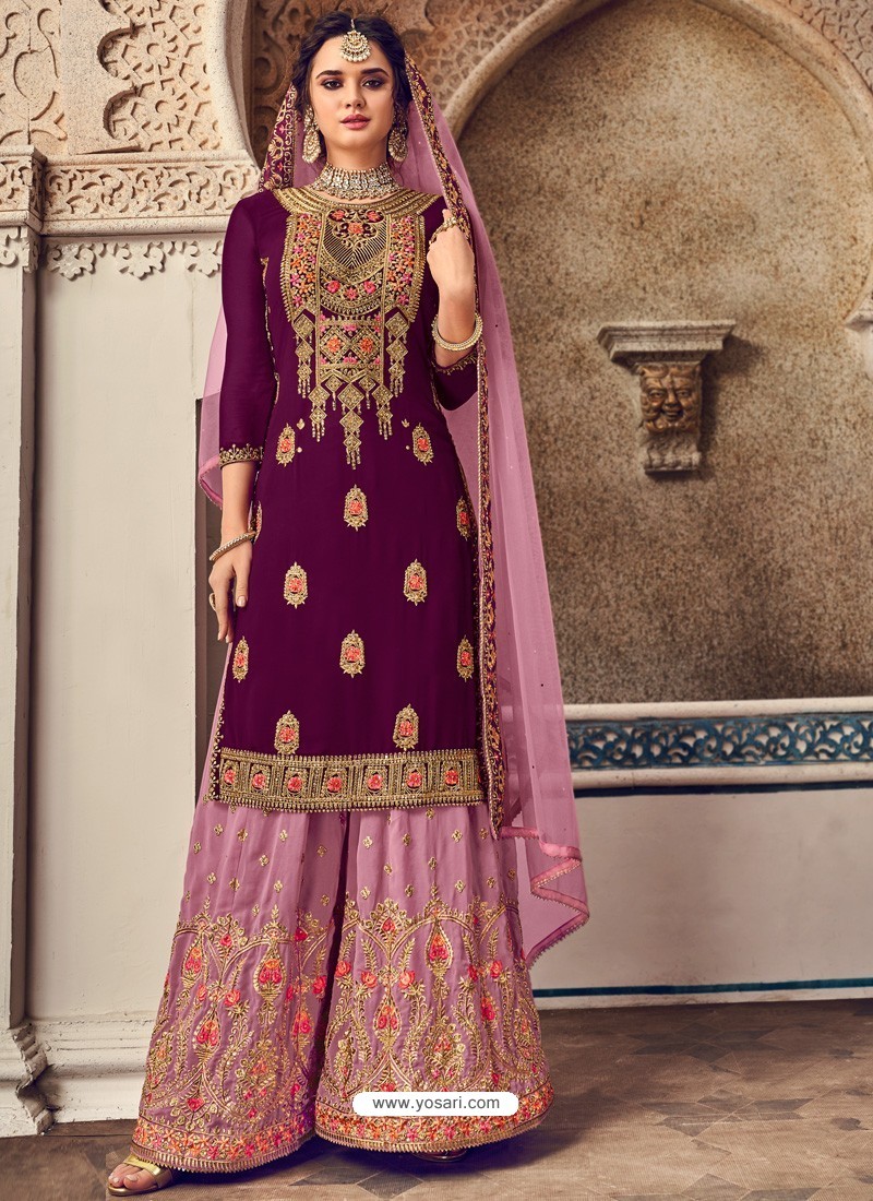 Purple And Lavender Bluming Georgette Embroidered Palazzo Suit