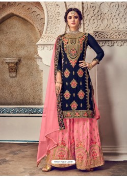 Navy And Pink Bluming Georgette Embroidered Palazzo Suit