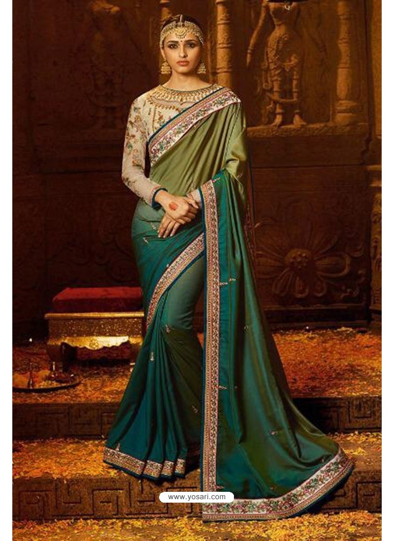 Green And Teal Silk Embroidered Party Wear Saree