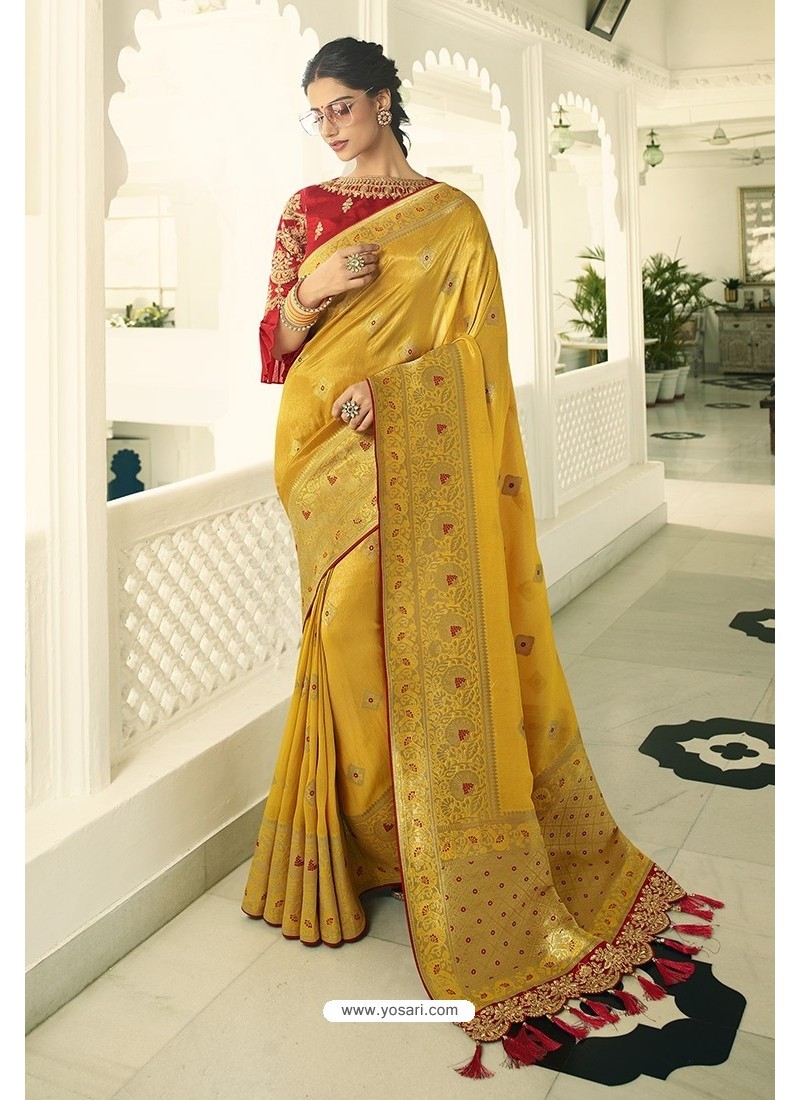 Yellow Silk Embroidered Designer Saree