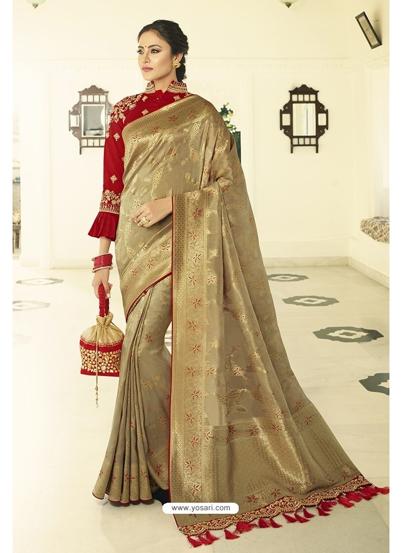 Lovely Taupe Silk Embroidered Designer Saree