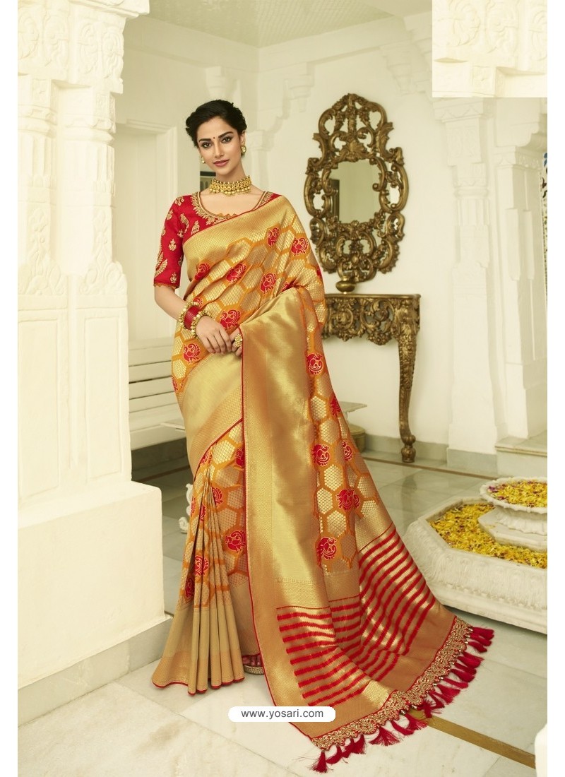 Golden Silk Embroidered Designer Saree