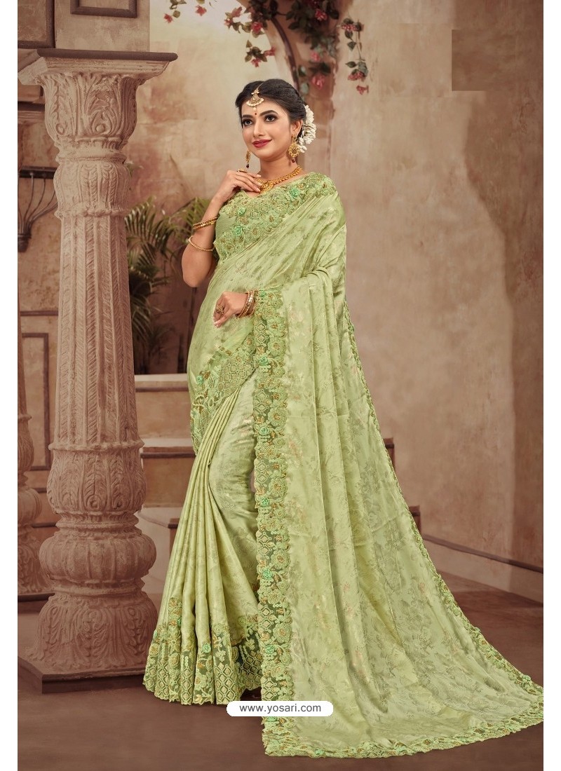 Gorgeous Green Satin Georgette Designer Saree