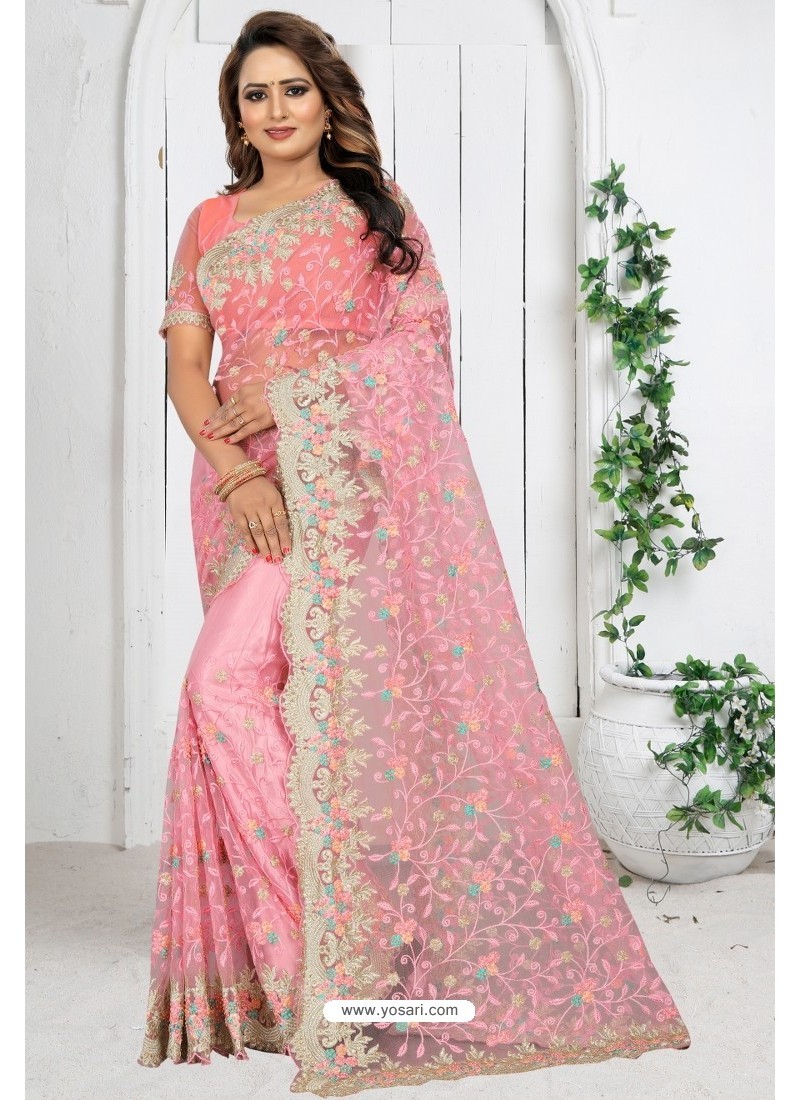 Pink Net Resham Embroidered Designer Saree
