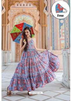 Blue Pure Maslin Digital Printed Gown
