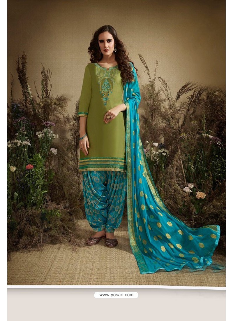 Green And Blue Cotton Zari Butti Worked Patiala Salwar Suit