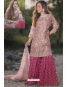 Rose Red And Peach Heavy Net Stone Work Palazzo Suit