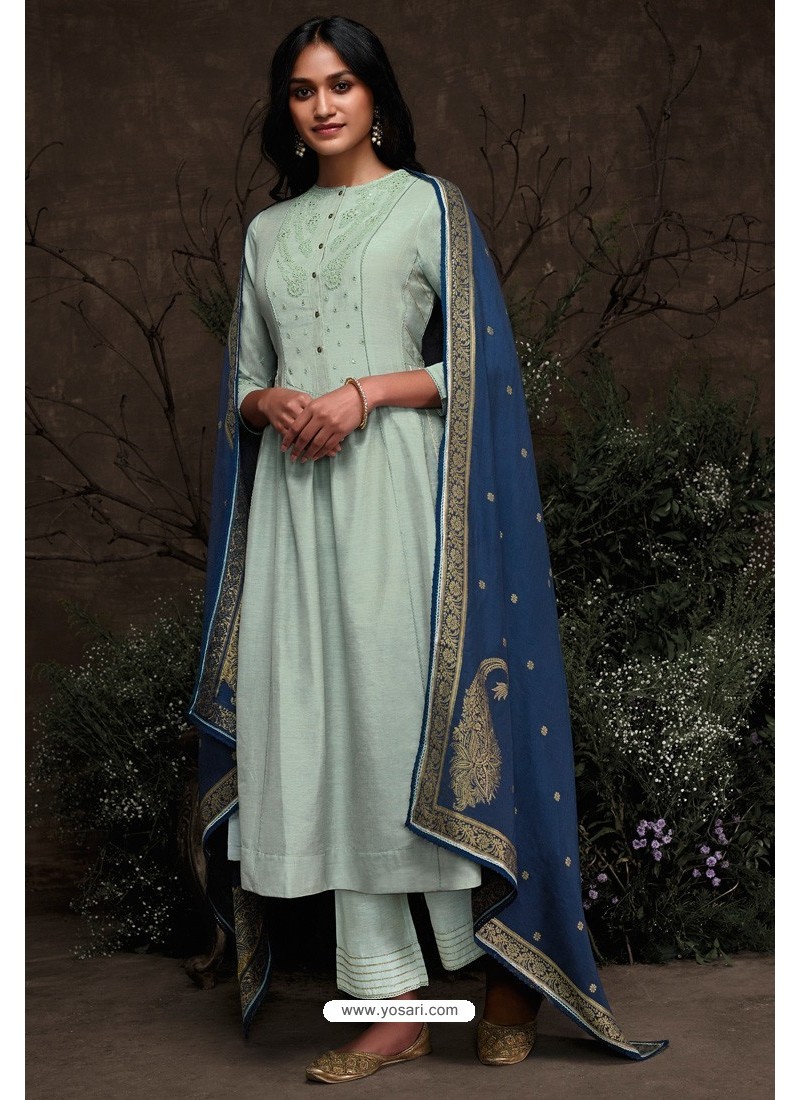 Sky Blue Aaria Silk Banarasi Jacquard Straight Suit
