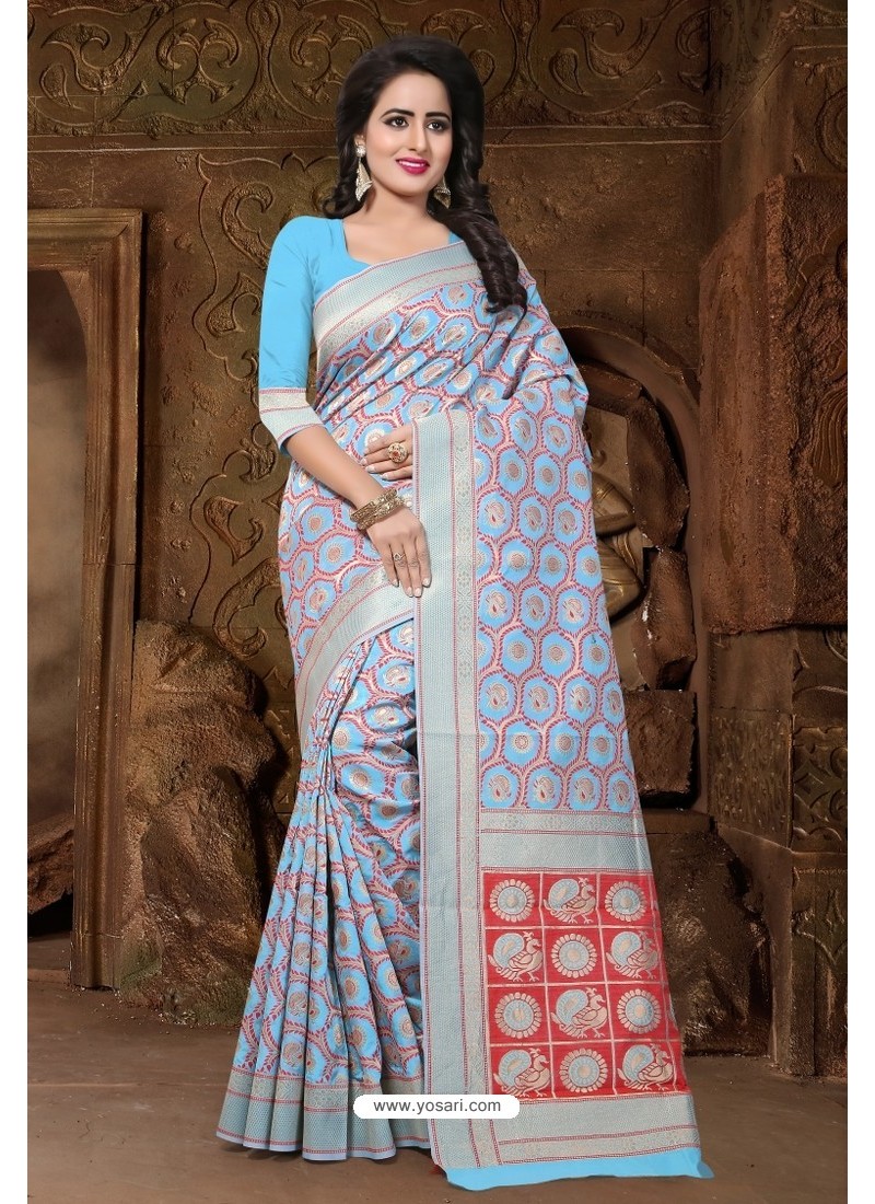 Sky And Grey Banarasi Silk Designer Saree