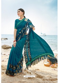 Teal Blue Lycra Stone Worked Party Wear Saree