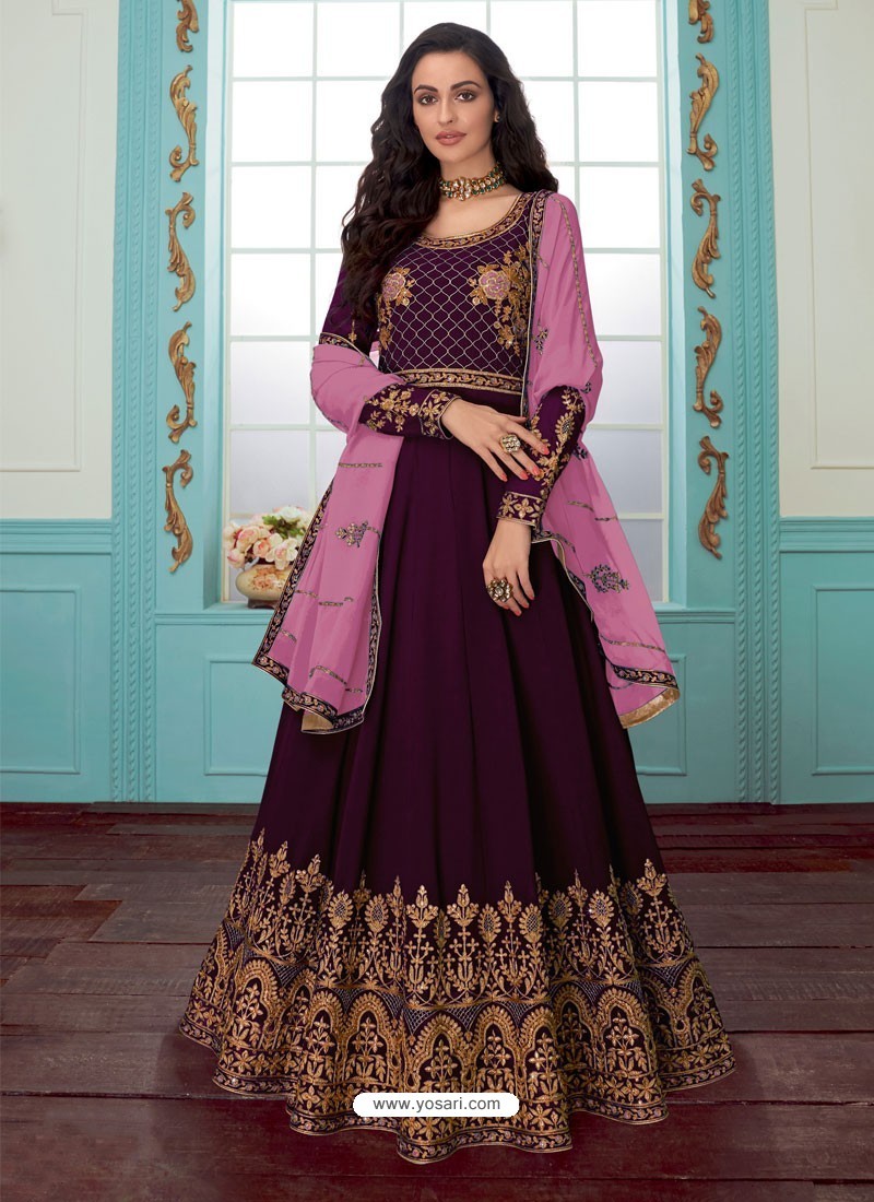 Purple Georgette Embroidered Partywear Suit