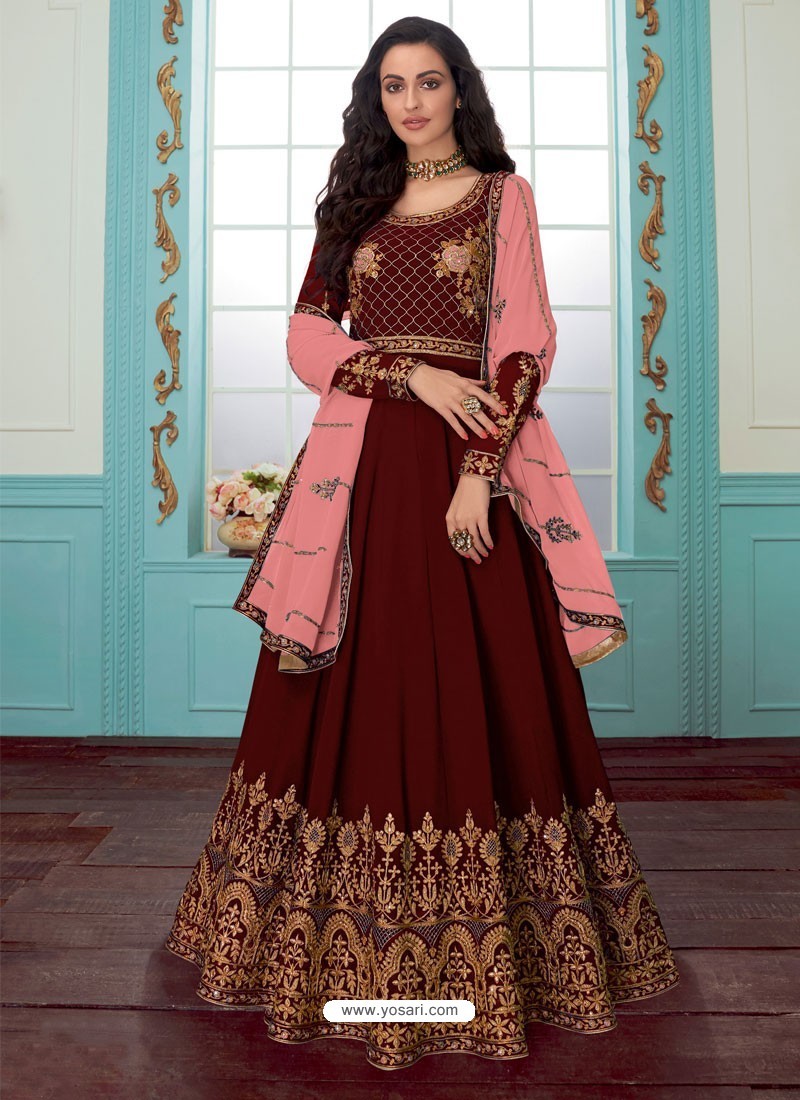Maroon Georgette Embroidered Partywear Suit
